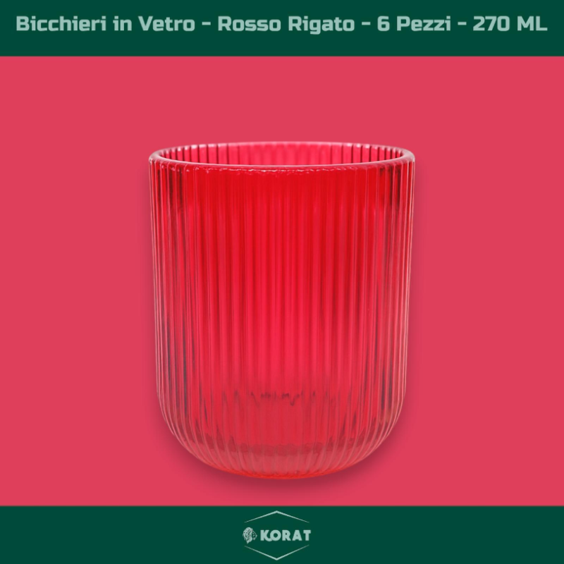 Set di 6 Bicchieri in Vetro Natalizi - Rosso Rigato - 270 Ml