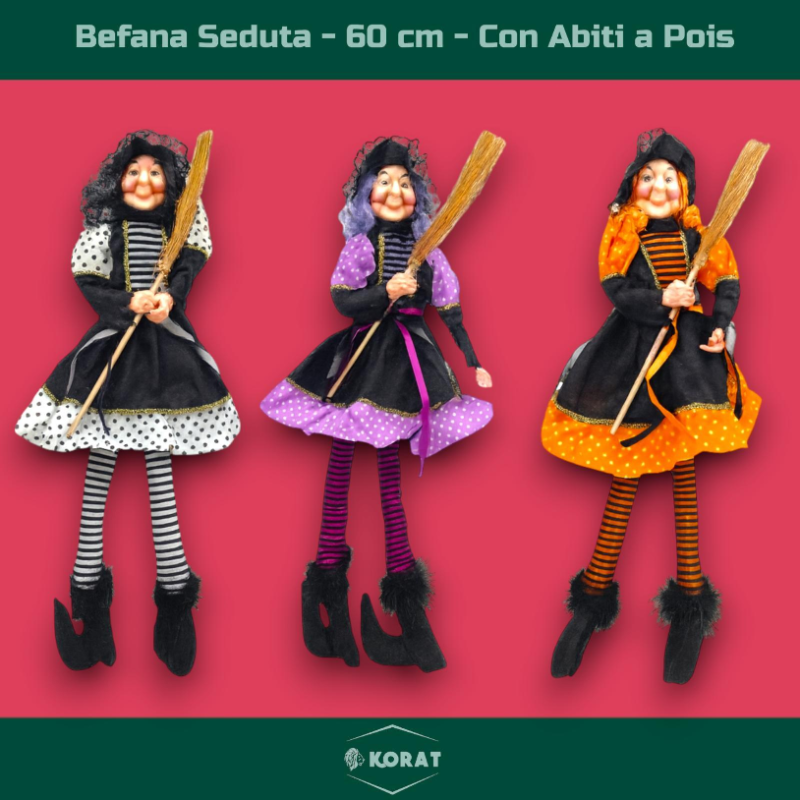 Befana Seduta in Resina - Abiti a Pois - 60 cm