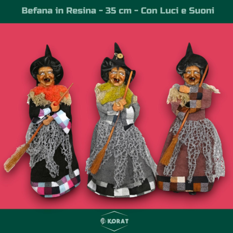 Befana in Resina Luminosa - 3 Colorazione - Luci e Suoni - 35 cm