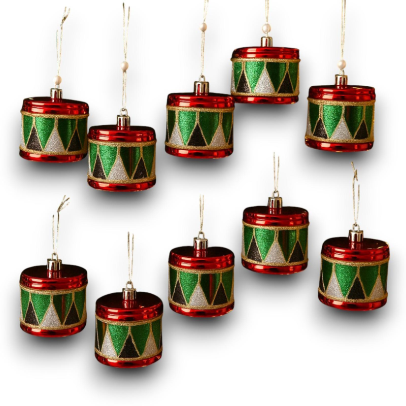 Set di 12 Appendino Tamburello in Plastica - Glitterati - Rosso e Verde - 6x8x8 cm