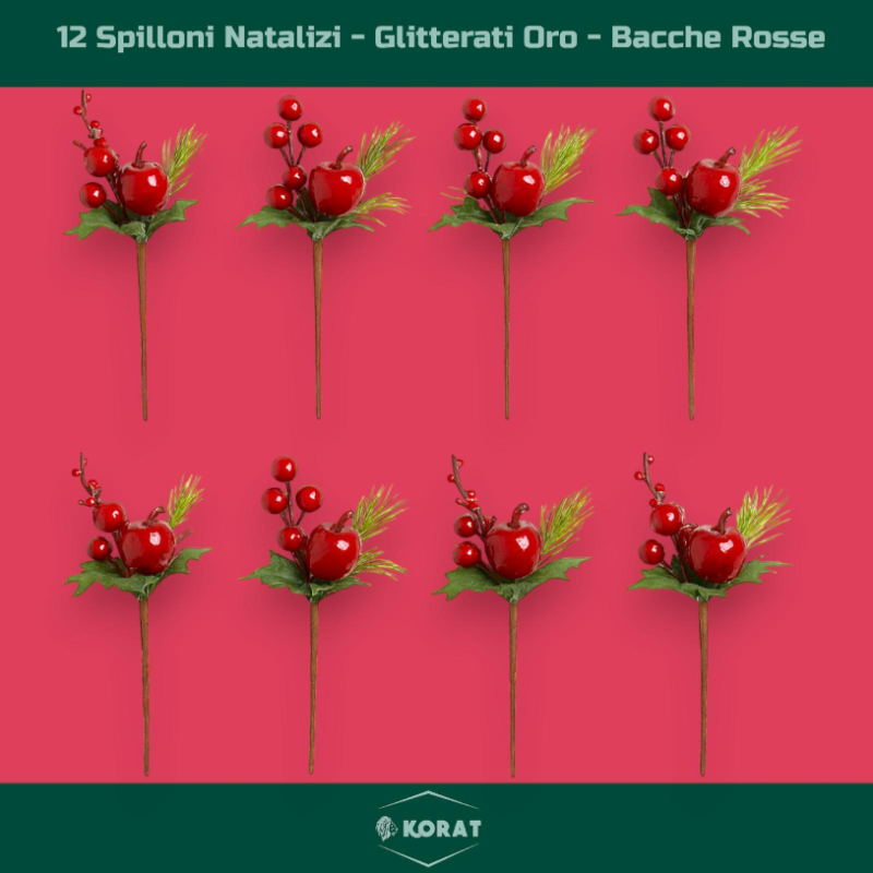 12 Spilloni Natalizi - con Bacche Rosse e Glitter Oro - 21 cm