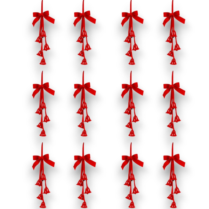 Set di 12 Appendini con Fiocco in Velluto - 5 Campane - Rosso o Oro - 37x5x10 cm
