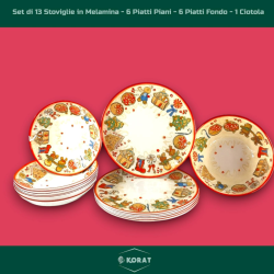 Set Piatti Natalizi in Melamina – Servizio da 13 Pezzi Decorato “Marzapane” con Motivi Natalizi Pan di Zenzero