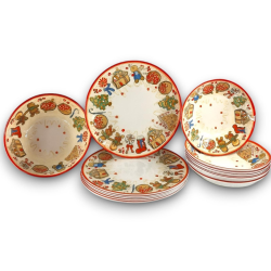 Set Piatti Natalizi in Melamina – Servizio da 13 Pezzi Decorato “Marzapane” con Motivi Natalizi Pan di Zenzero