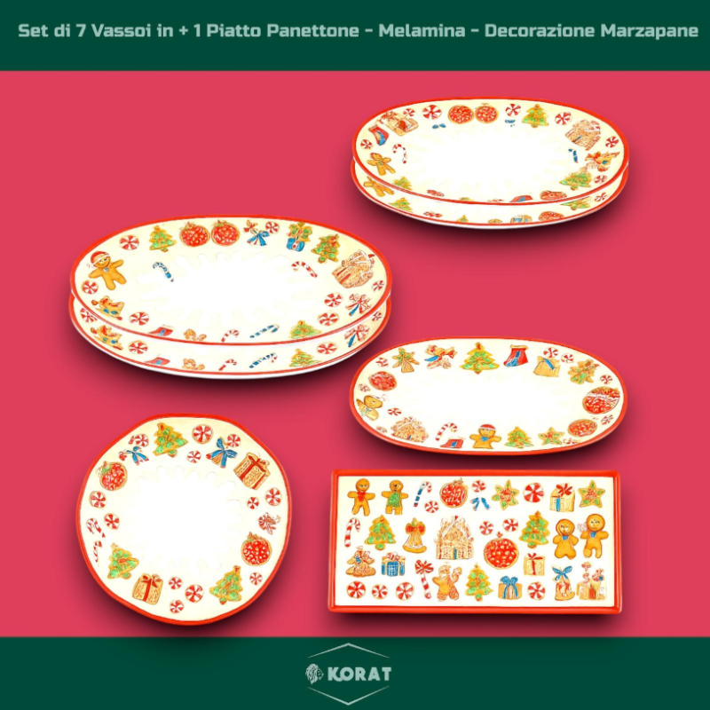 Set di 7 Vassoi e 1 Piatto Panettone - Decorazione Marzapane - in Melamina
