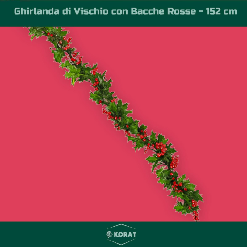 Ghirlanda Natalizia con Foglie di Vischio e Bacche Rosse – 152 cm, Decorazione Realistica per Interni