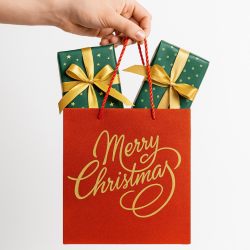 Set di 12 Buste Regalo in Carta - Rossa Glitterata con Scritto Oro - 25x20x10 cm