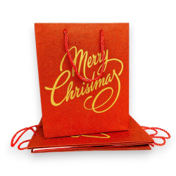 Set di 12 Buste Regalo in Carta - Rossa Glitterata con Scritto Oro - 25x20x10 cm