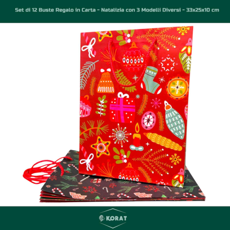 Set di 12 Buste Regalo in Carta - Natalizia con 3 Modelli Diversi - 33x25x10 cm