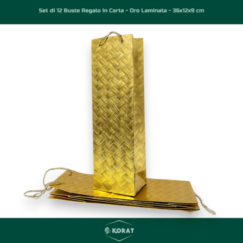 Set di 12 Buste Regalo in Carta - Oro Laminata - 36x12x9 cm