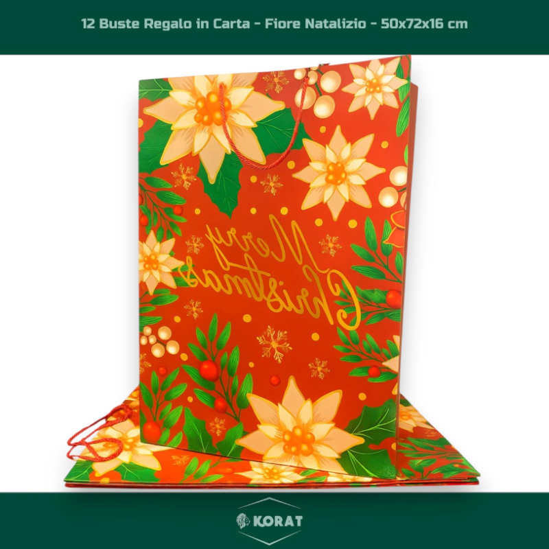 Buste Natalizie Eleganti in Carta Plastificata – Con Manici in Corda - 50x72x16 cm - Fiore Natalizio