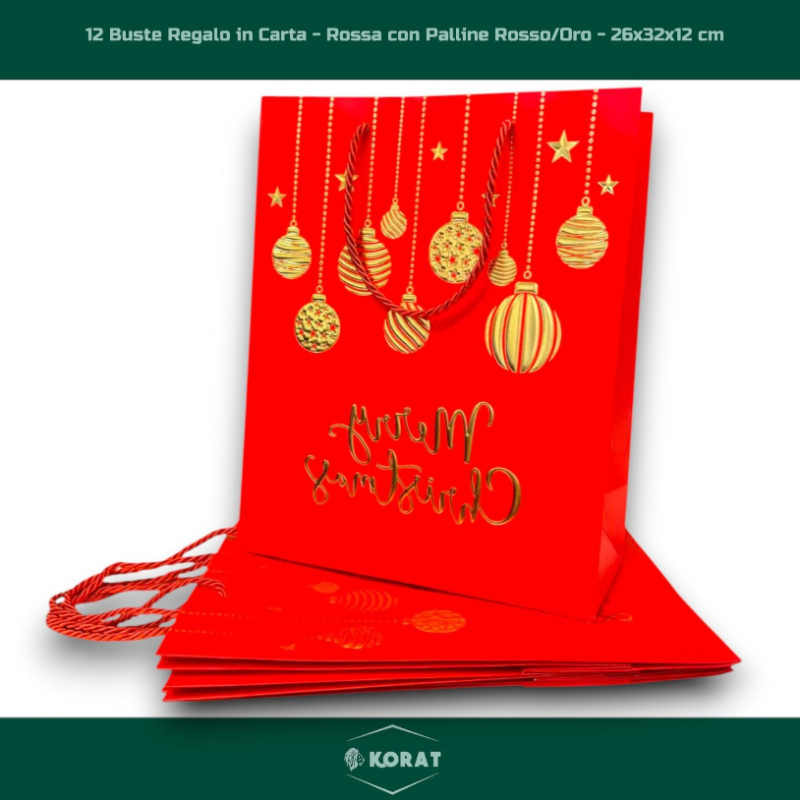 12 Buste Regalo in Carta - Rossa con Palline Rosso/Oro - 26x32x12 cm