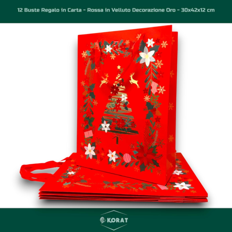 12 Buste Regalo in Carta - Rossa in Velluto Decorazione Oro - 30x42x12 cm