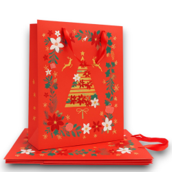 12 Buste Regalo in Carta - Rossa in Velluto Decorazione Oro - 30x42x12 cm