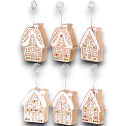 12x Porta bigliettini segnaposto con pinzetta Casetta pan di zenzero, Portabigliettini biscotto Natalizio h. 14 cm x 7 cm